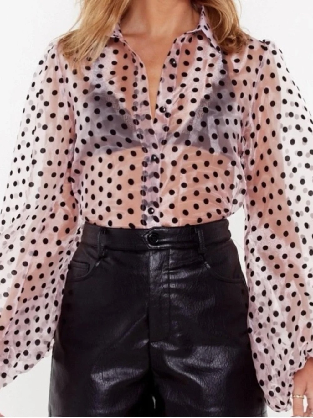 Nasty Gal Pink Sheer Polka Dot Button-Up Blouse